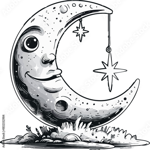 A smiling crescent moon with dangling stars rests on fluffy clouds, illustrated in a whimsical black-and-white night-sky style.