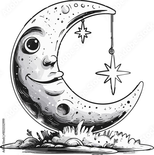 A smiling crescent moon with dangling stars rests on fluffy clouds, illustrated in a whimsical black-and-white night-sky style.