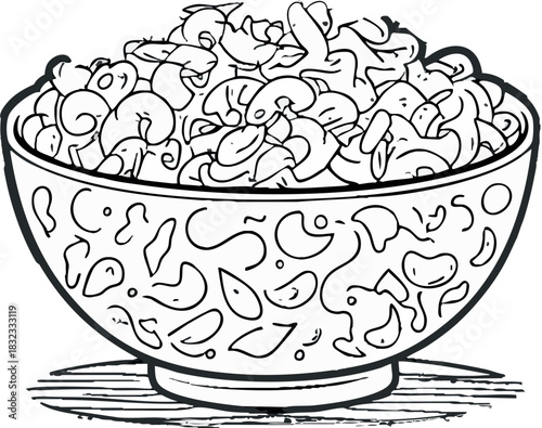 A large patterned bowl is filled with elbow macaroni in a bold black-and-white illustrated style.