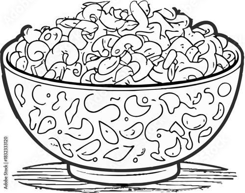 A large patterned bowl is filled with elbow macaroni in a bold black-and-white illustrated style.