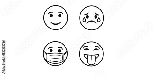 Four simple emoji faces showing different emotions in black and white