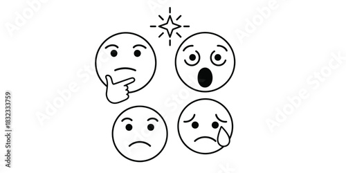 Hand drawn emoji set expressing different emotions thoughtful shocked sad and crying.