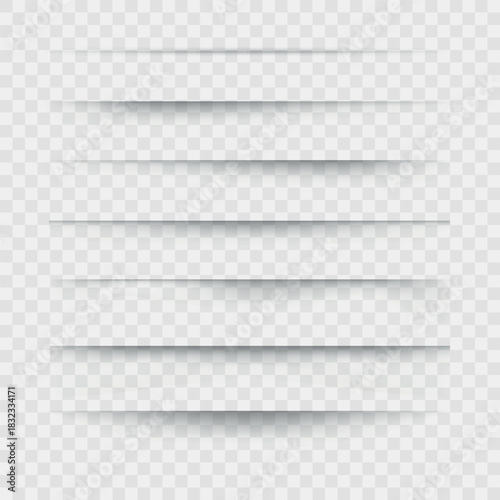 Various transparent shadows and straight linear to curved shapes on white background. Different intensity levels with depth and shading effects. Realistic