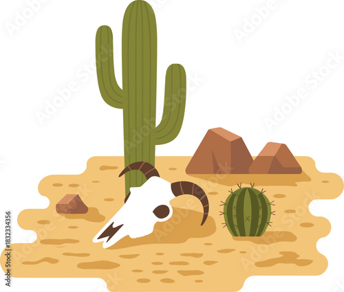 Desert cartoon vector scene, animal skull, cactus, rocks, sandy terrain, arid landscape illustration, side view, nature and ecosystem concept