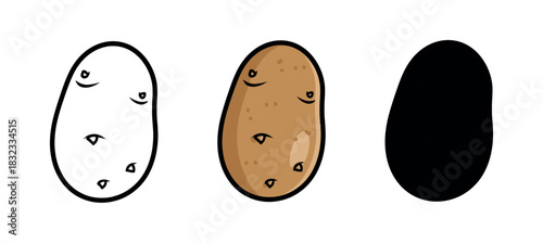 Three Potatoes in Different Styles Depicted on a White Background