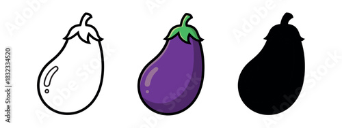 Three Eggplant Representations: Outline, Colored Rendering and Silhouette on White Background