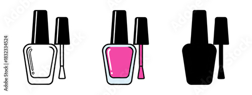 Nail Polish Bottle and Brush Set in Three Variations Isolated on White