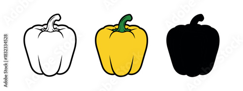 Isolated yellow bell pepper shapes in outline, colored, and silhouette against white background