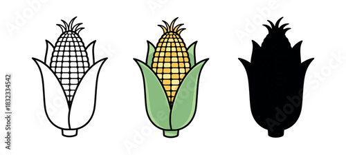 Corncob Icon Set Featuring Outline, Colored and Solid Black Versions on White Background