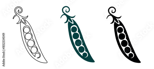 Three Pea Pod Illustrations in Outline, Teal, and Black on a White Background