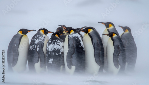 A colony of Emperor penguins huddling together for warmth during a fierce snowstorm.
