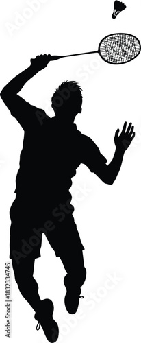 Silhouette of badminton player hitting shuttlecock with racket overhead