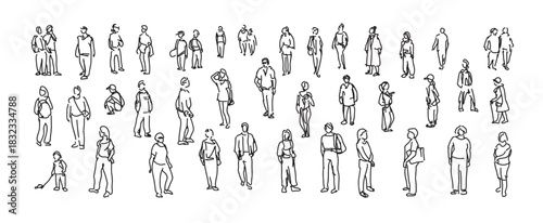 People sketch. Casual group of people silhouettes. Outline hand drawing illustration