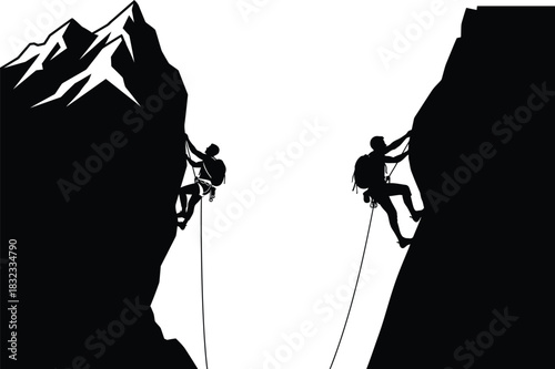 Mountain climbers silhouettes scaling rocky peaks extreme sport challenge