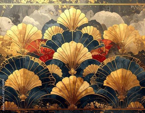 Ornamental pattern featuring golden shell-like motifs against swirling dark blues, reds, and tans, creating textural depth