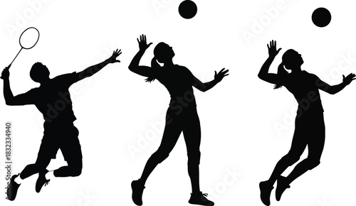 Silhouette of athletes playing badminton and volleyball sport