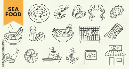 Hand Drawn Sea Food Vector Set | Outline Icons of Fish, Shrimp, Crab, Lobster, Oyster, and Fishing Net for Restaurant and Marine Cuisine Design.