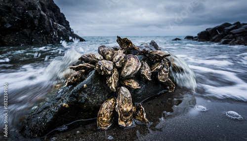 A dense cluster of wild oysters clinging firmly to a dark wet rock.