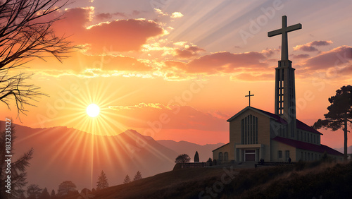 The brightly rising sun of the new year 2026, sunrise and sunset, the holy cross of Jesus Christ and the church faith and belief background