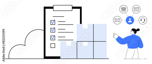 Checklist with marked items, stacked shipment boxes, person pointing, digital communication icons. Ideal for logistics, inventory, shipping, planning teamwork task management e-commerce. Clean