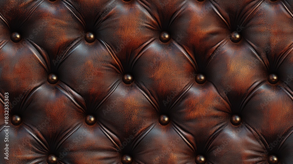 Naklejka premium Close-up of a rich leather texture with a subtle diamond pattern. Dark brown and reddish-brown hues create a tactile and luxurious feel, suggesting softness and quality.
