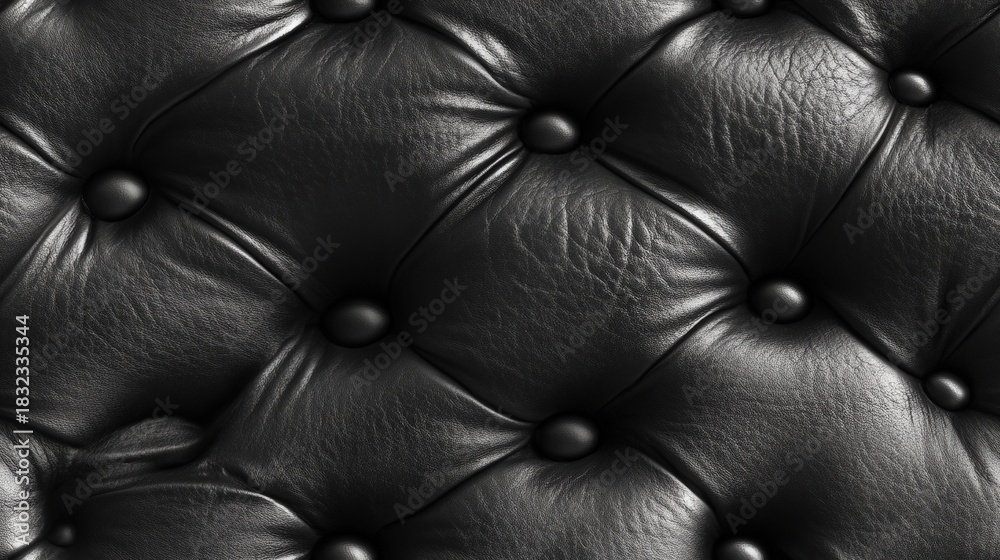 Obraz premium Detailed close-up showcasing a black leather surface featuring a quilted diamond pattern. The repeating design suggests applications in furniture or upholstery. High-quality texture shot.