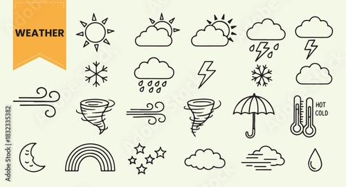 Hand Drawn Weather Vector Set | Outline Icons of Sun, Rain Cloud, Snowflake, Lightning, Tornado, Umbrella, and Thermometer for Climate and Forecast Design.