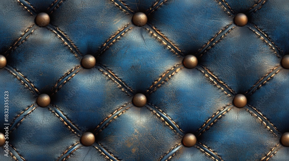 Obraz premium A luxurious close-up shot of a blue leather sofa adorned with golden studs and buttons, showcasing a rich and opulent design.