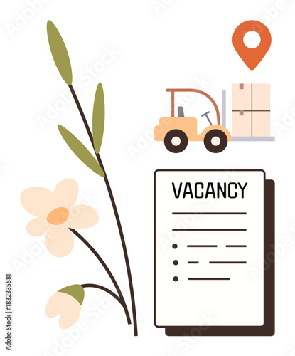 Forklift moving boxes, job vacancy listing, and botanical elements. Ideal for recruitment, career growth, logistics, fulfillment, eco-friendly workspaces, sustainability and team-building concepts