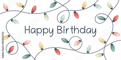 Happy Birthday - Schriftzug in englischer Sprache - Alles Gute zum Geburtstag. Grußkarte mit bunten Lichterketten.