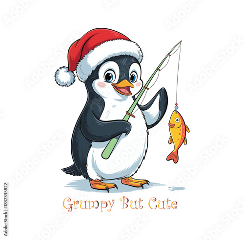 Cartoon penguin wearing Santa hat fishing with a golden.