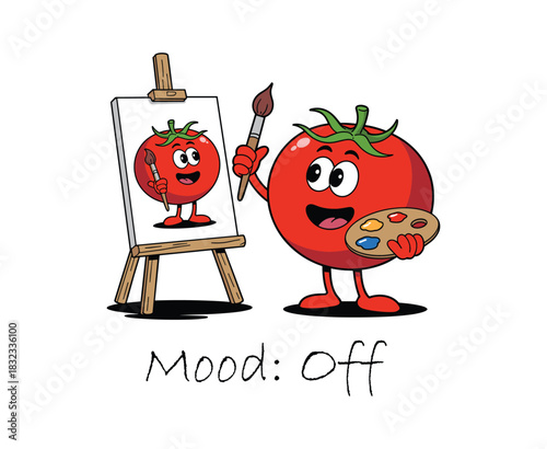 Cartoon tomato character painting itself on an easel holding a palette and brush artist.
