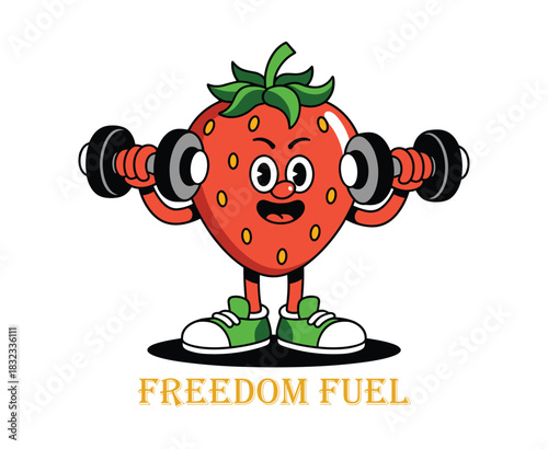 Cartoon strawberry character lifting dumbbells wearing sneakers and text freedom fuel.