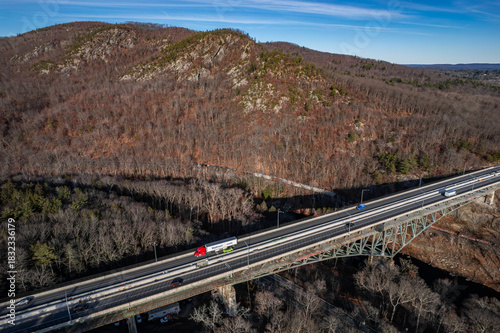 Aerial view of interstate 90 in late fall from Westfield, Massachusetts 