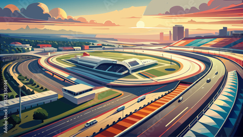 Very beautiful aerial view of the Nashville Superspeedway in Tennessee, presenting sweeping oval tracks, open fields, and clean geometric lines under soft daylight in a semi-realistic stock-ready styl