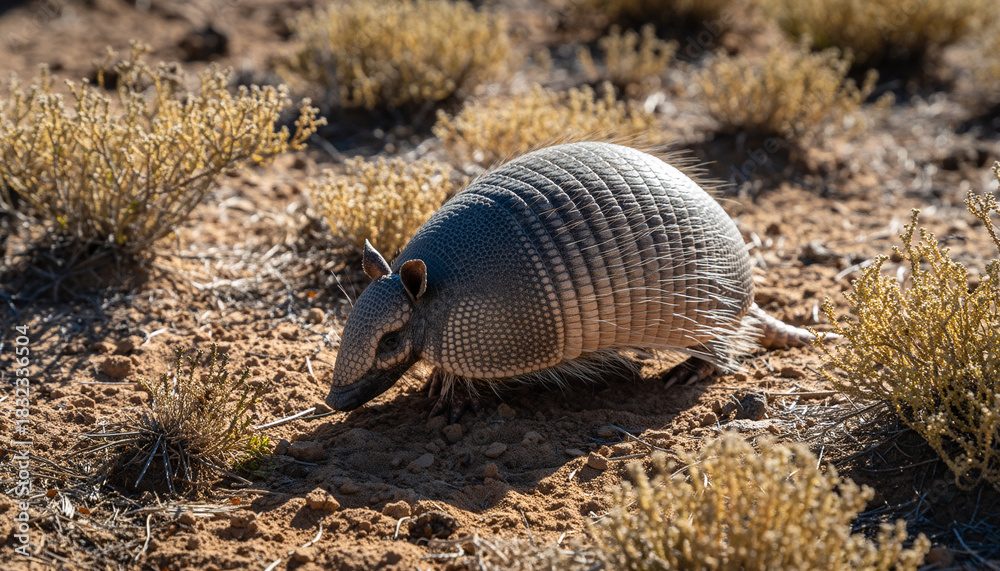 Fototapeta premium A wild ninebanded armadillo foraging in its natural arid habitat.