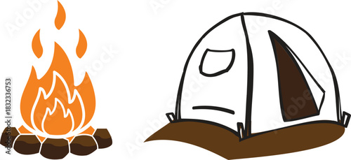 Vector illustration of a camp tent and fire. Camping Vector with Tent and Campfire. Outdoor Nature Activity Flat Design Illustration.
