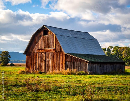 Rustic wooden barn sits in a sunlit grassy field, under a bright blue sky with white puffy clouds