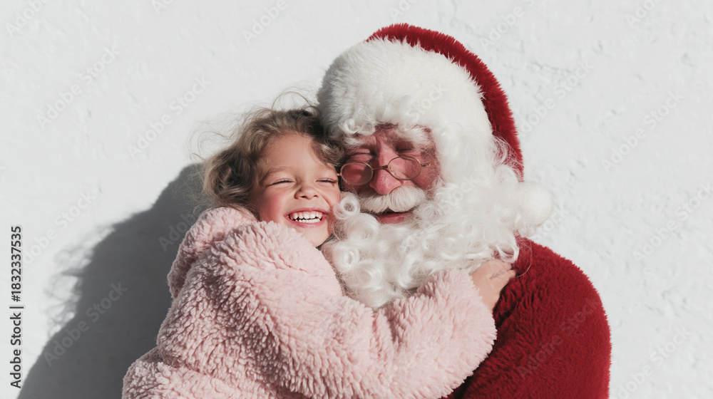 Obraz premium Joyful child embraces Santa Claus with warmth, laughing and smiling, enveloped in the enchanting spirit of Christmas