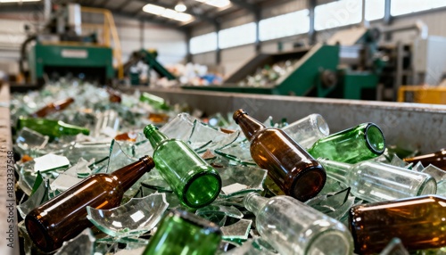 Close-up of mixed glass waste at recycling facility with crisp textures and colors.