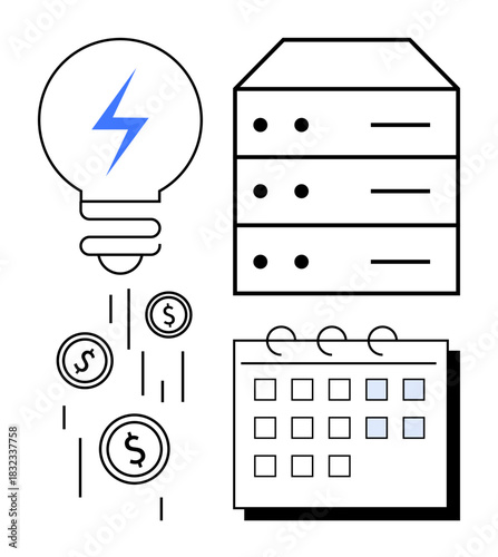 Lightbulb with lightning bolt, falling coins symbolizing savings, server rack, and calendar. Ideal for sustainability, technology, cost efficiency, resource planning, energy management savings