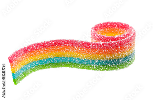 Set of rainbow sour jelly candies strips in sugar sprinkle on white background.