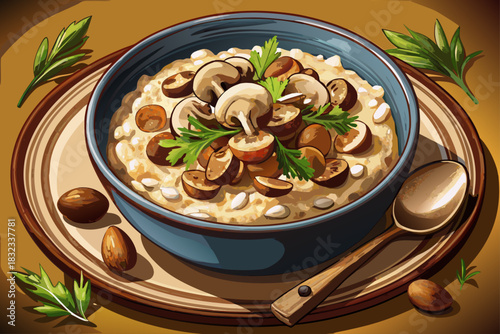 vector of Mushroom risotto with wild mushrooms and truffle oil in a fine dining bowl...