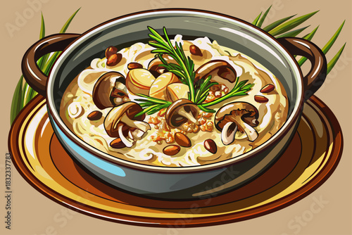 vector of Mushroom risotto with wild mushrooms and truffle oil in a fine dining bowl...