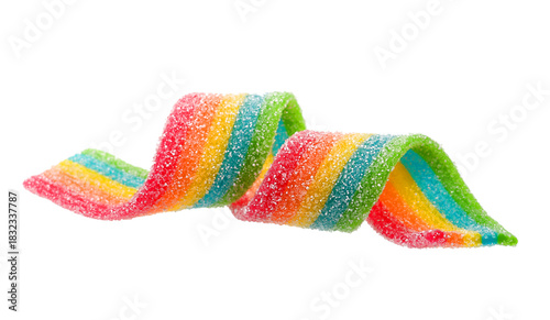 Set of rainbow sour jelly candies strips in sugar sprinkle on white background.