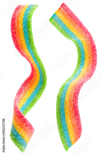 Set of rainbow sour jelly candies strips in sugar sprinkle on white background.