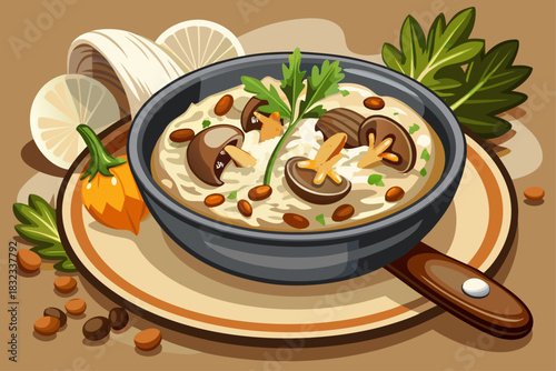 vector of Mushroom risotto with wild mushrooms and truffle oil in a fine dining bowl...