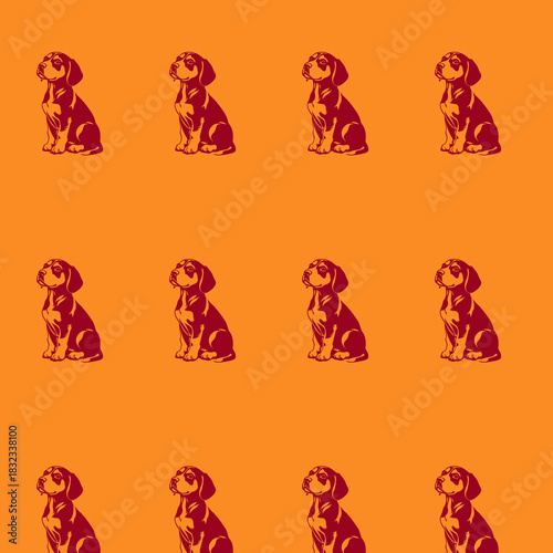 Repeating Pattern of Beagle Puppies on Orange Background