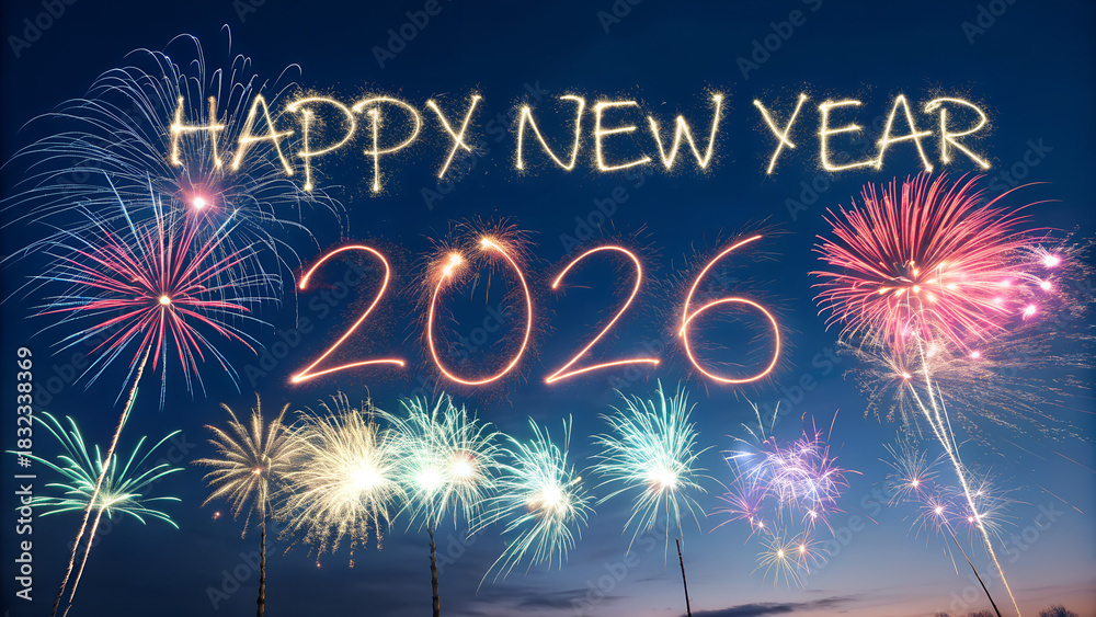 Fototapeta premium Sparkler 2026 text colorful firework illumination on dark blue sky background, happy new year 2026 concept