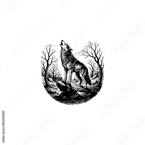Howling Wolf Under Full Moon - Vintage Engraving Style.